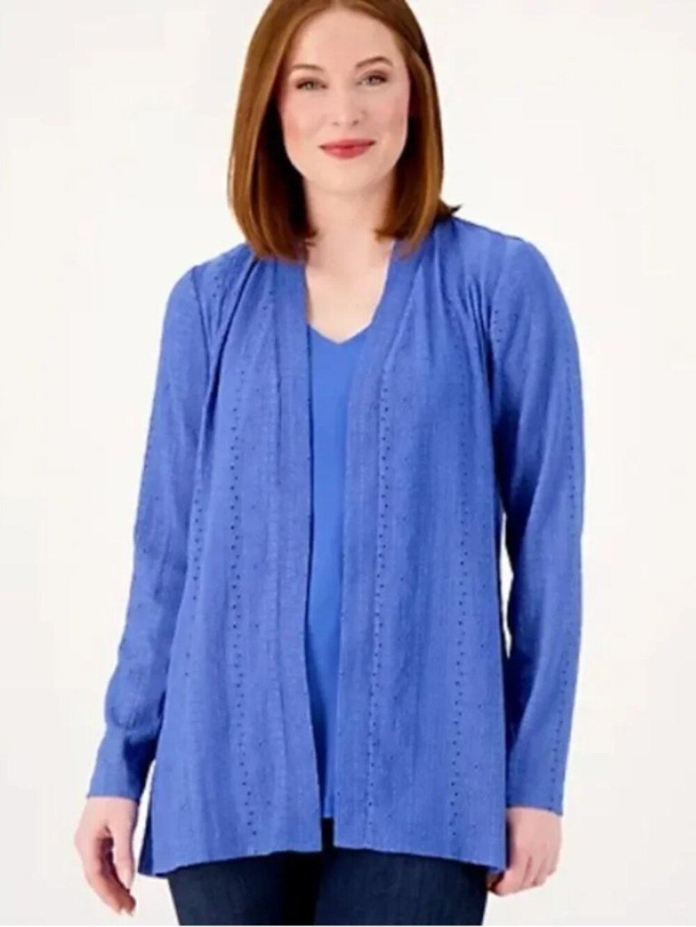 Susan Graver Eyelet Knit Cardigan w/Liquid Knit Tank Set Jacket Aegean Blue XXS